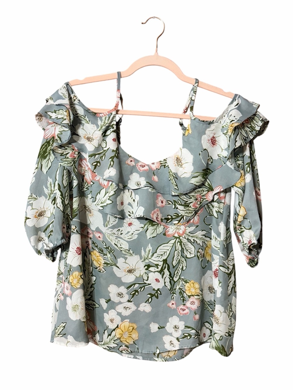 Boho Floral Cold Shoulder Blouse Womens S Blue Green Ruffle Festival Top